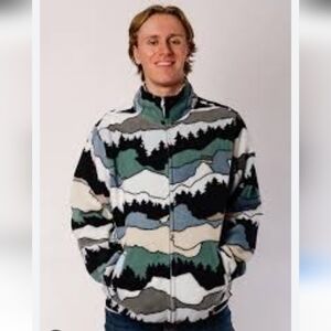 Free Nature Mountain Pattern Full Zip up Polar Fleece Hooded Jacket Size XL